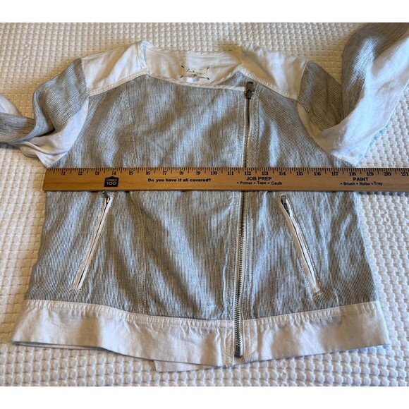 Lou & Grey Loft Linen Asymmetrical Zip Front Jacket Blue White Striped Women's S - Picture 6 of 10